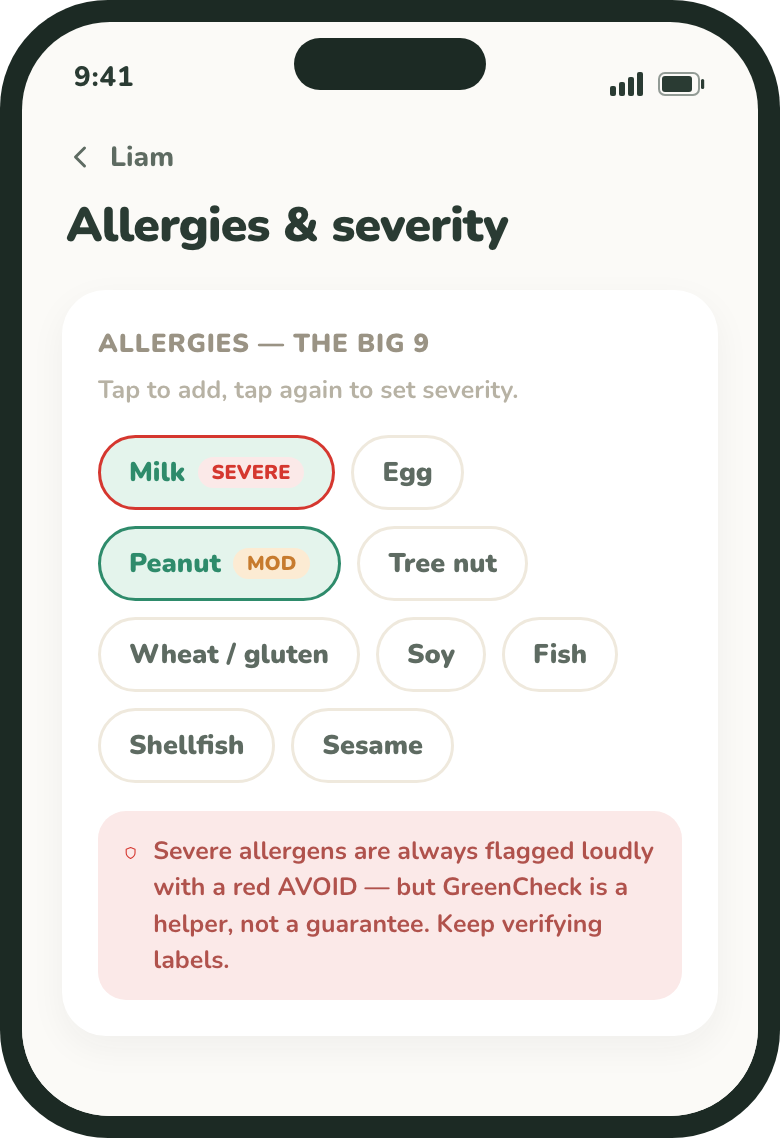 Big 9 allergen chips with severity badges