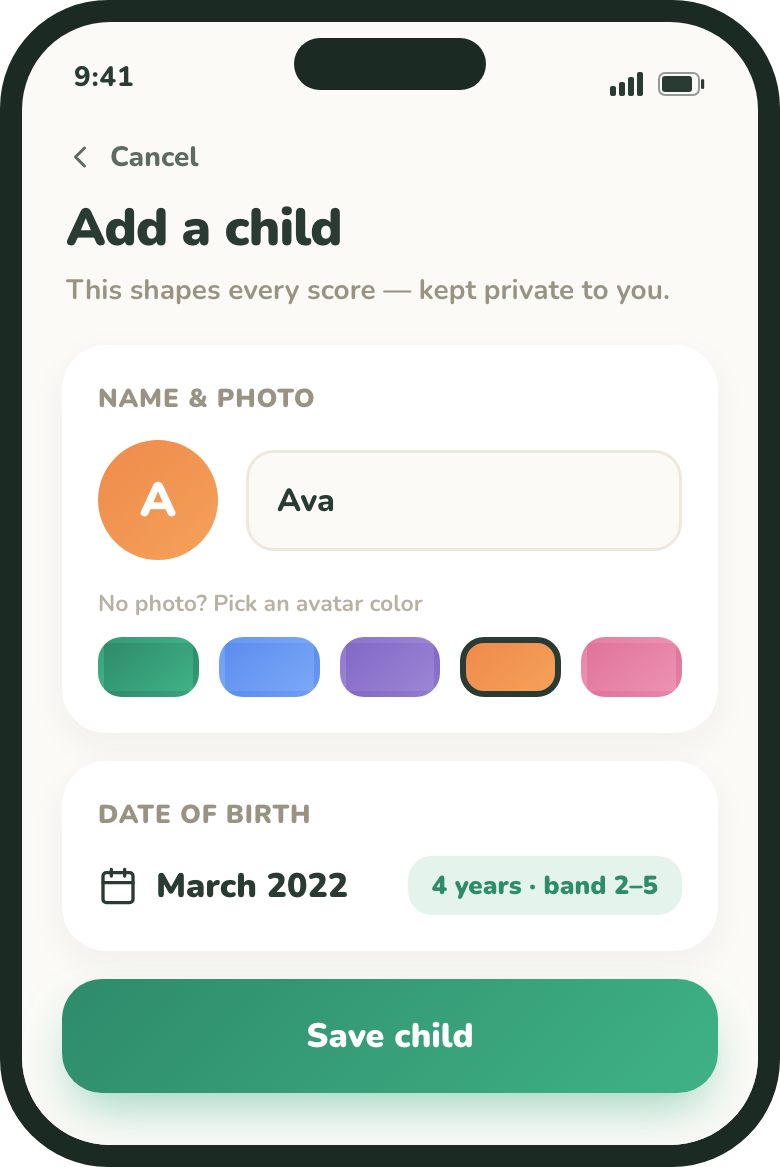 Add child screen showing name, avatar colors, and birthdate