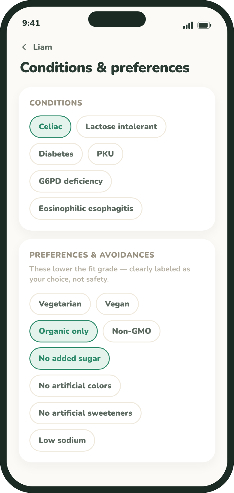 Conditions and preferences selectors on the add child screen