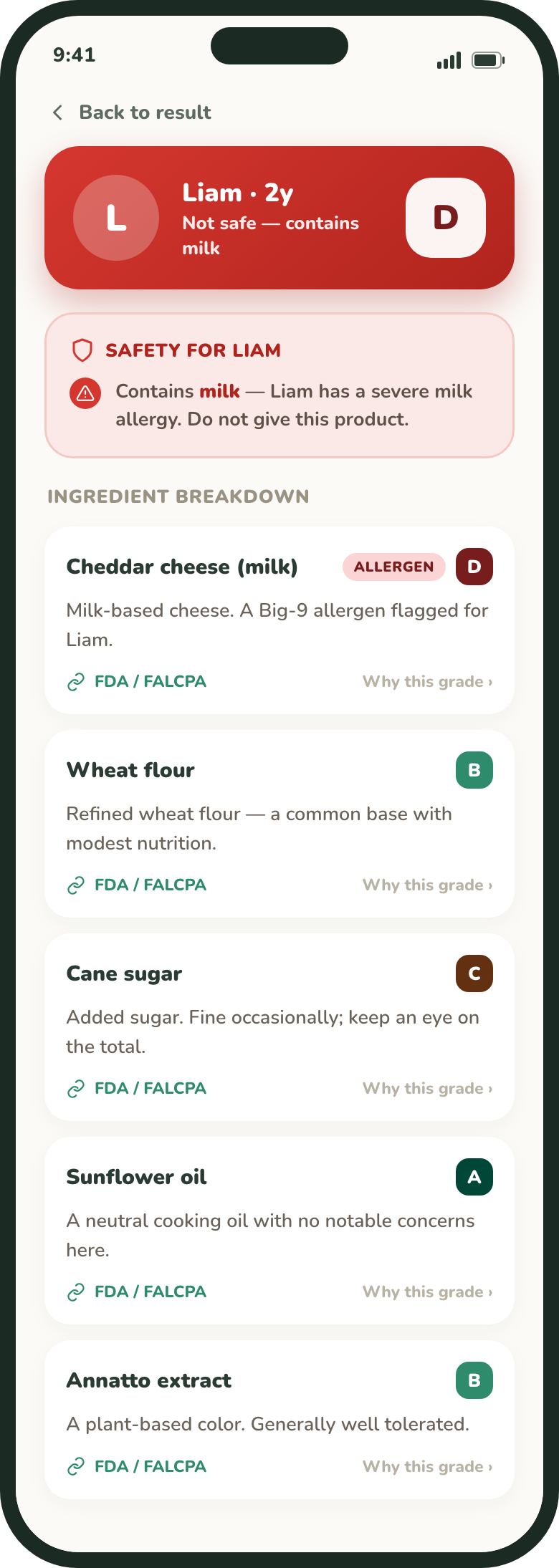 Child detail screen showing the ingredient that triggered an allergen flag