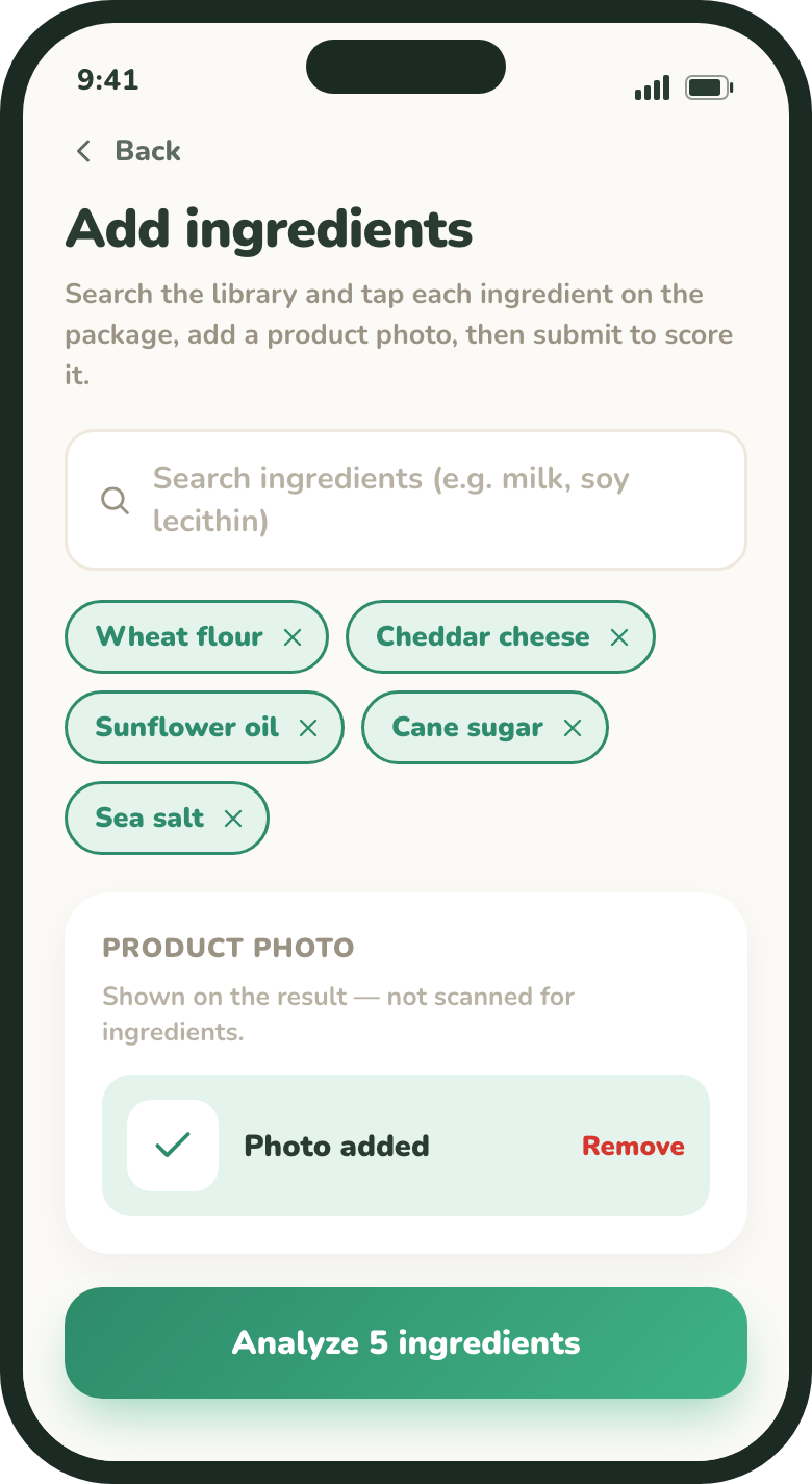 Manual ingredient entry screen with search box and ingredient chips