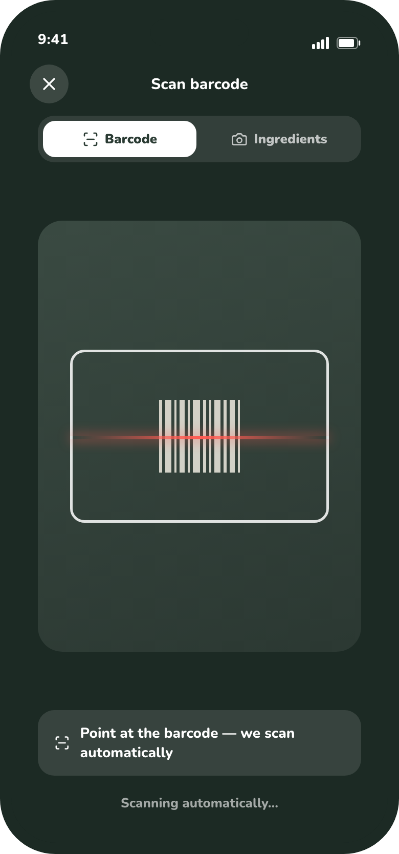 Scanner screen in barcode mode with the reticle